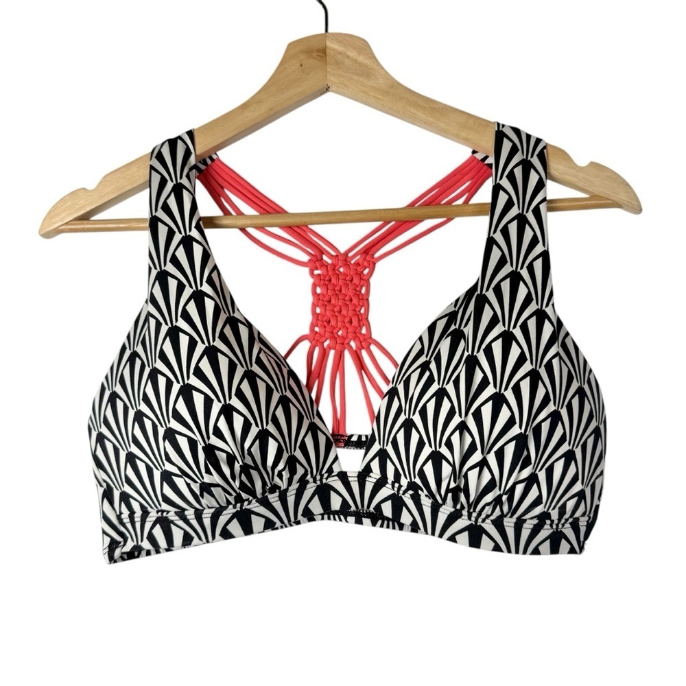 ANA Black & White Geometric Printed Coral Macrame Racerback Bikini Swim Top 10